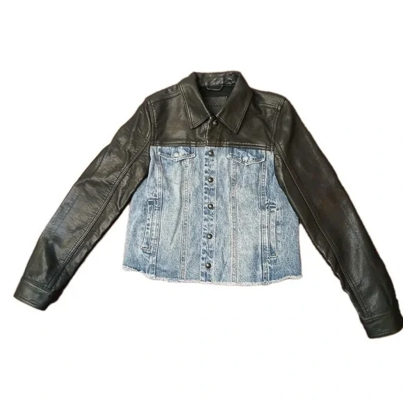 Blank NYC Black Faux Leather Jacket Blue Denim Womens Fashion Fall Size XS #316C - Picture 2 of 9